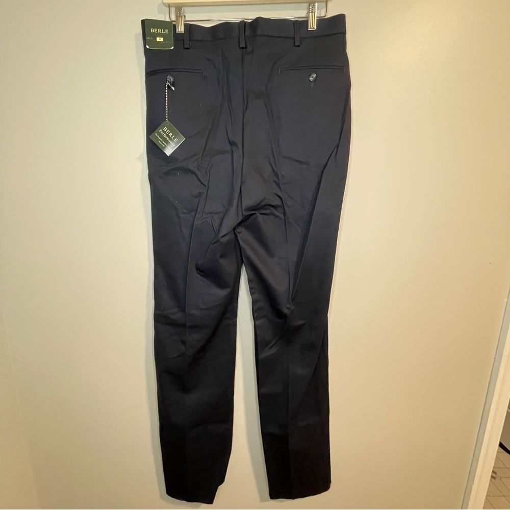 Berle Mens Dress Pants Blue Pockets Flat Front Belt Loops 35xRaw edge New - Picture 2 of 6